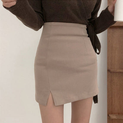 Women's Woolen Slit High Waist Bag Hip Skirt -