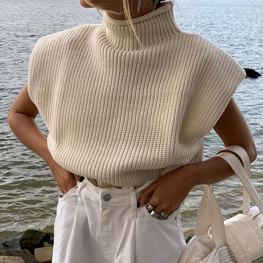 Women's Turtle Neck Short-Sleeved Sweater Top - Apricot