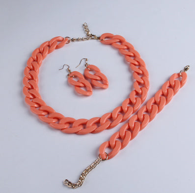 Acrylic Solid Color Chain Bracelet, Earring, and Necklace Jewelry Set - Orange