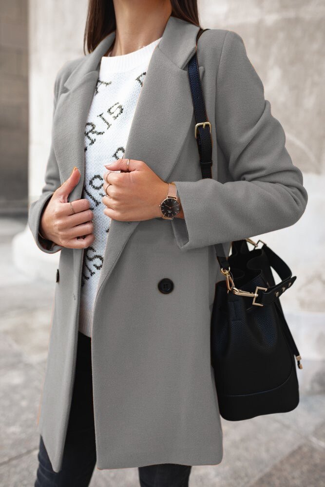 Women's Slim Solid Color Blazer with Black Detail - Grey