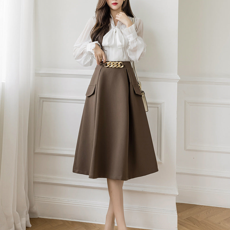 Women's Retro Commuter Long Skirt with Pockets - Coffee