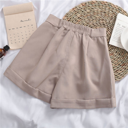 Women's Solid Color All-match Roll-up Wide-leg Casual Shorts - Latte