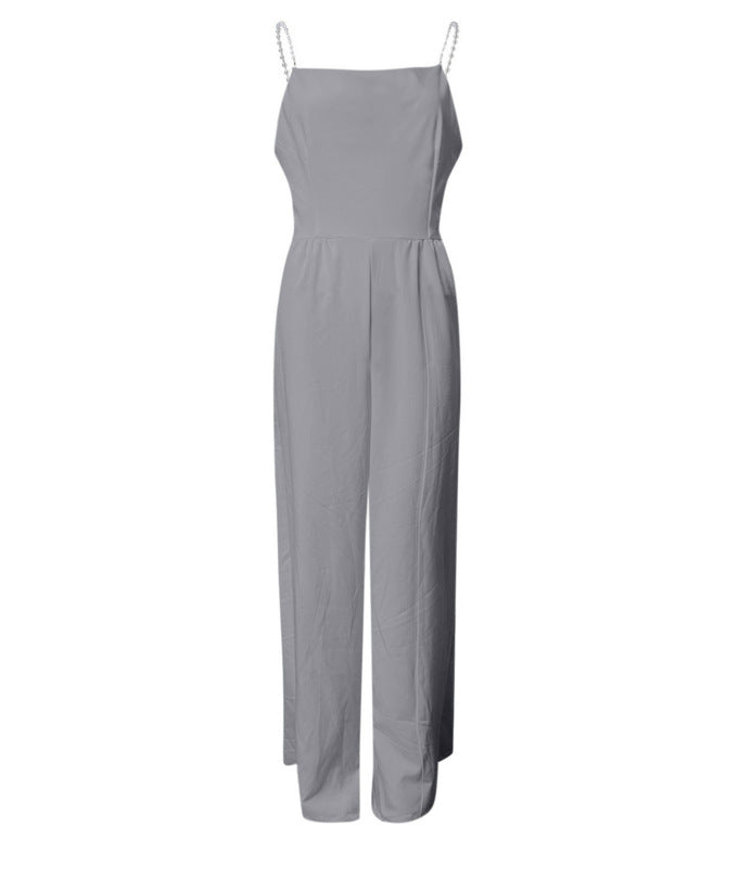 Sleeveless Pearl Sling Wide Leg Jumpsuit - Grey