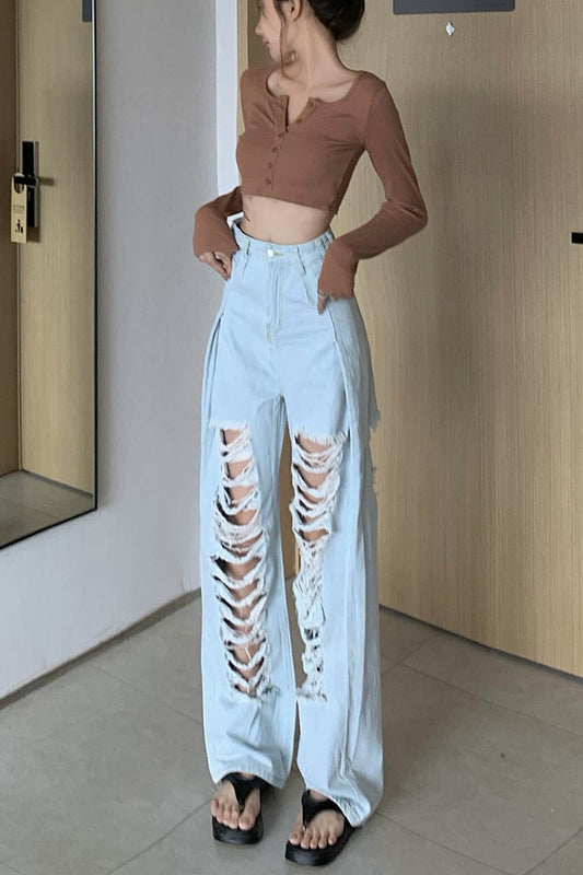 Women's Ripped Straight High-Waisted Wide Leg Loose Mopping Jeans - Original