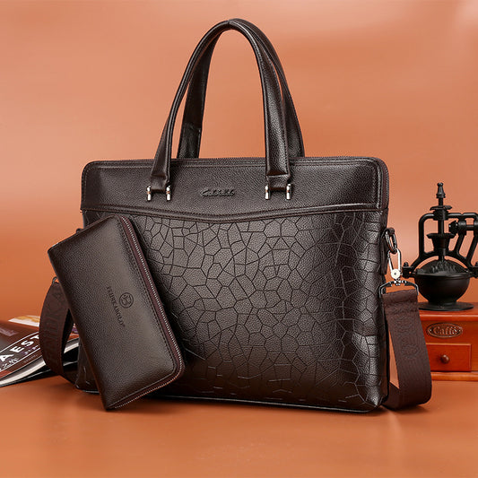 Portable Leather Document & Computer One-Shoulder Messenger Bag & Wallet Set - Black Coffee Stone Set