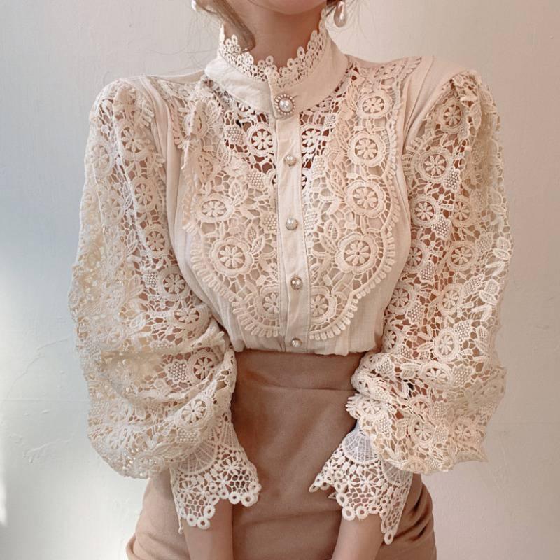 Women's Lace Stand-up Collar Long-Sleeved Blouse -