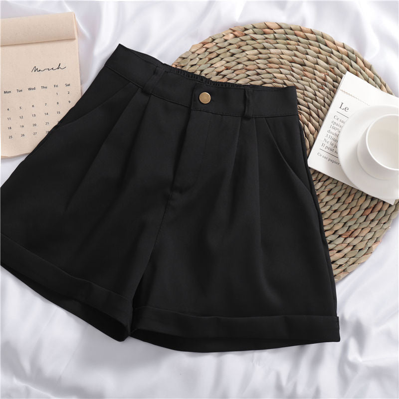 Women's Solid Color All-match Roll-up Wide-leg Casual Shorts - Black