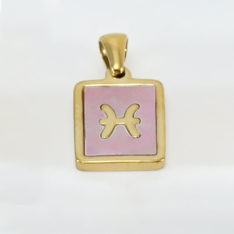 Stainless Steel Square Shell Zodiac Necklace - Pisces Pink