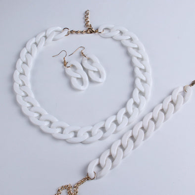 Acrylic Solid Color Chain Bracelet, Earring, and Necklace Jewelry Set - White