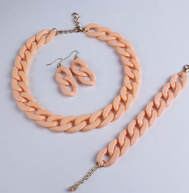 Acrylic Solid Color Chain Bracelet, Earring, and Necklace Jewelry Set - Coral