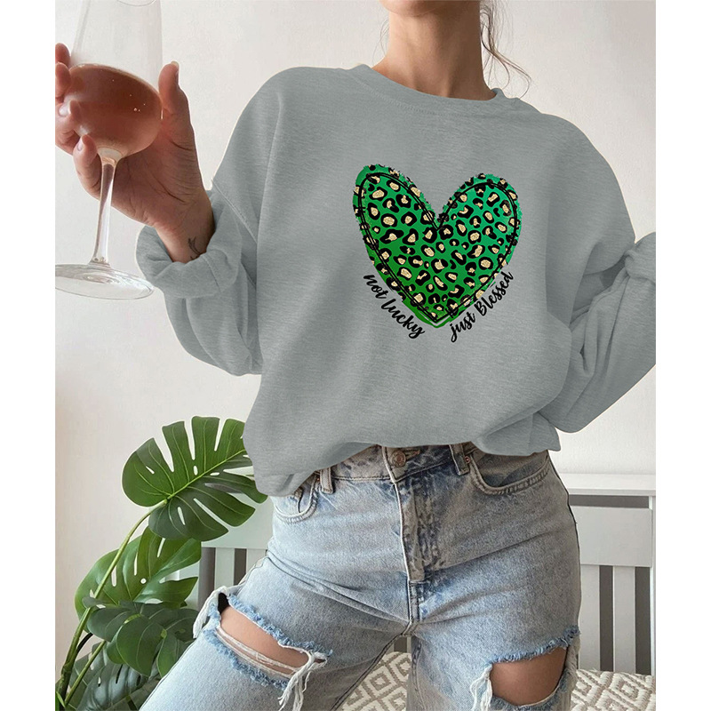 Women's Word Art Leopard Prints Heart Crewneck Sweatshirt - Grey