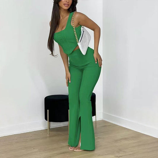 Women's Slim Fitted Top and Long Pants with Slit -