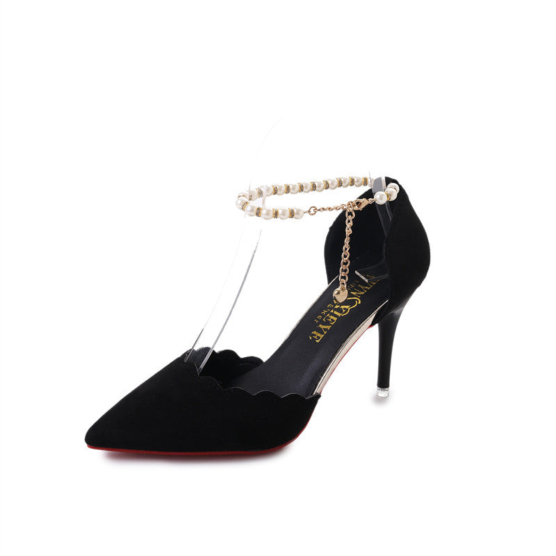Snap Chain And Shallowly High Heels - Black 8cm