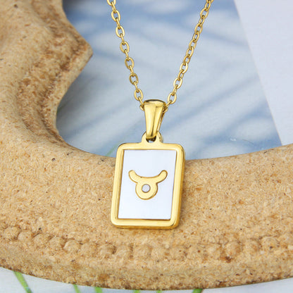 Stainless Steel Square Shell Zodiac Necklace - Taurus White