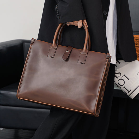 Coffee Solid Color Leather Shoulder Messenger Bag -