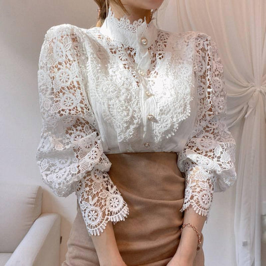 Women's Lace Stand-up Collar Long-Sleeved Blouse - White