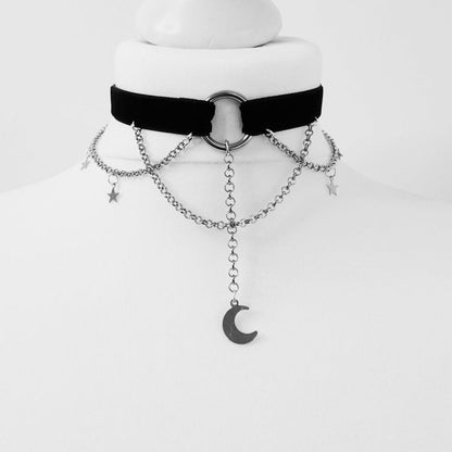Black Crescent Moon and Spider Choker Necklace - Black & Silver