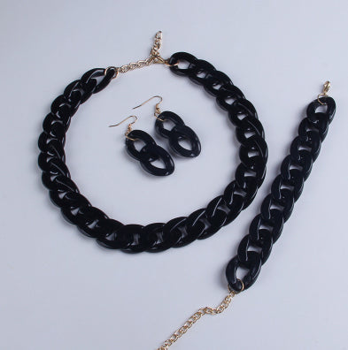 Acrylic Solid Color Chain Bracelet, Earring, and Necklace Jewelry Set - Black