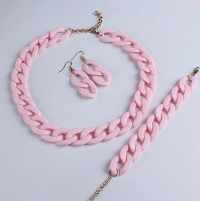 Acrylic Solid Color Chain Bracelet, Earring, and Necklace Jewelry Set - Bubblegum