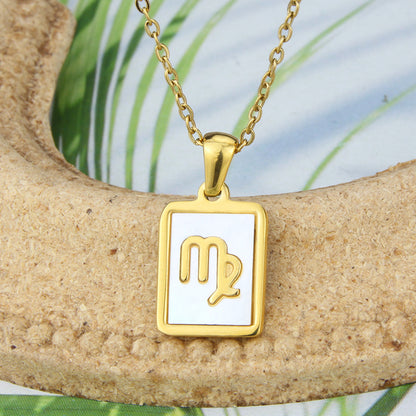 Stainless Steel Square Shell Zodiac Necklace - Virgo White