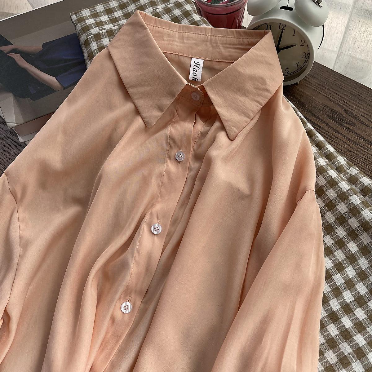 Women's Solid Color Button Down Shirt with Long Sleeves - Light orange One size
