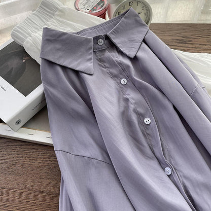 Women's Solid Color Button Down Shirt with Long Sleeves - Light purple One size