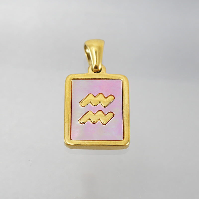 Stainless Steel Square Shell Zodiac Necklace - Aquarius Pink