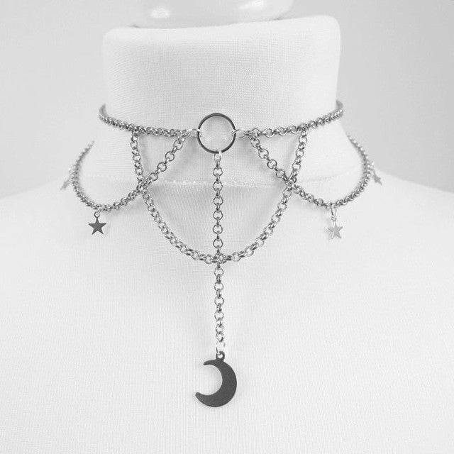Black Crescent Moon and Spider Choker Necklace - Silver Stars with Black Moon