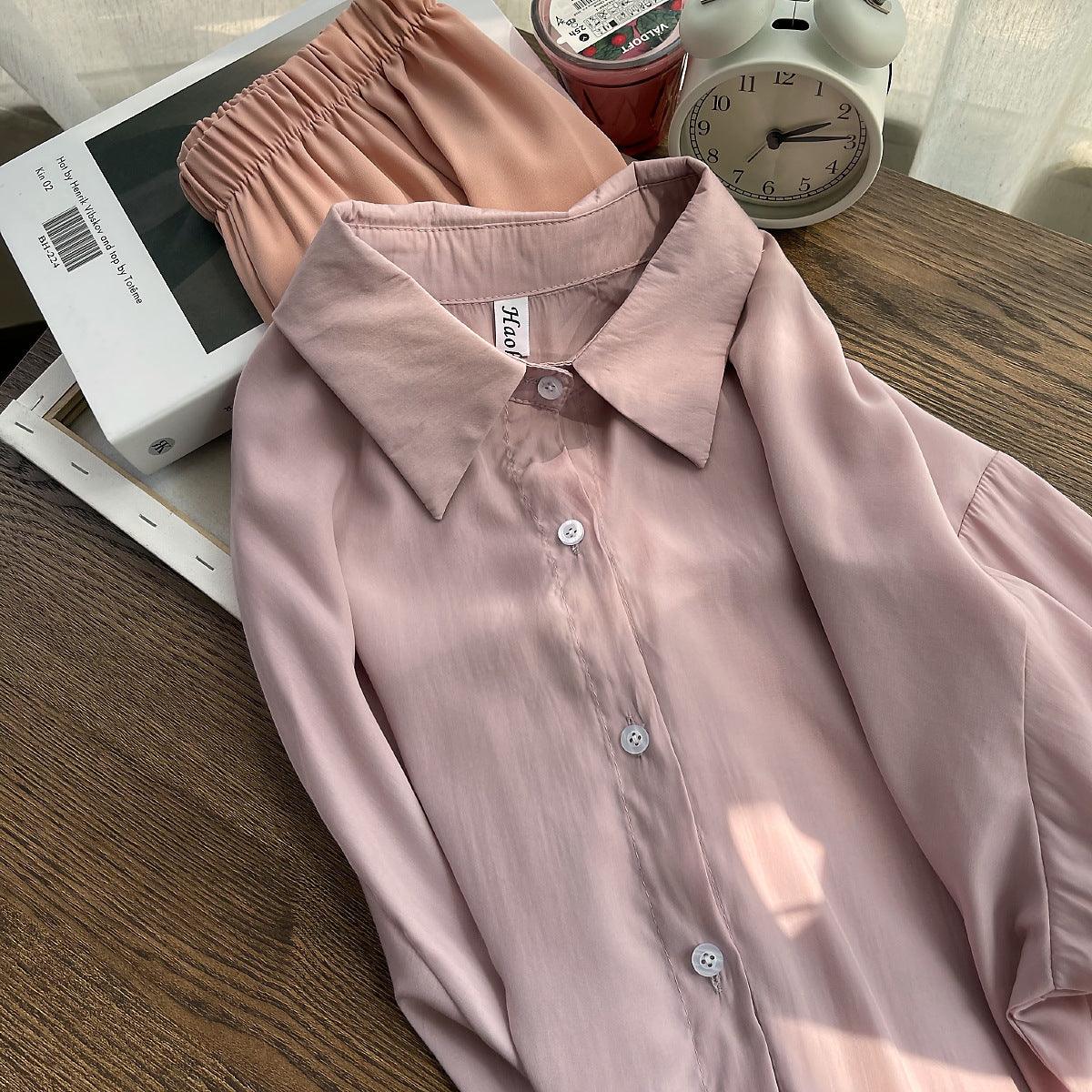 Women's Solid Color Button Down Shirt with Long Sleeves - Dusty Rose One size