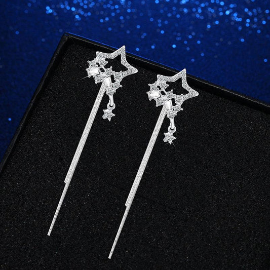 Long Silver Five-Pointed Star Earrings - Silver Stars