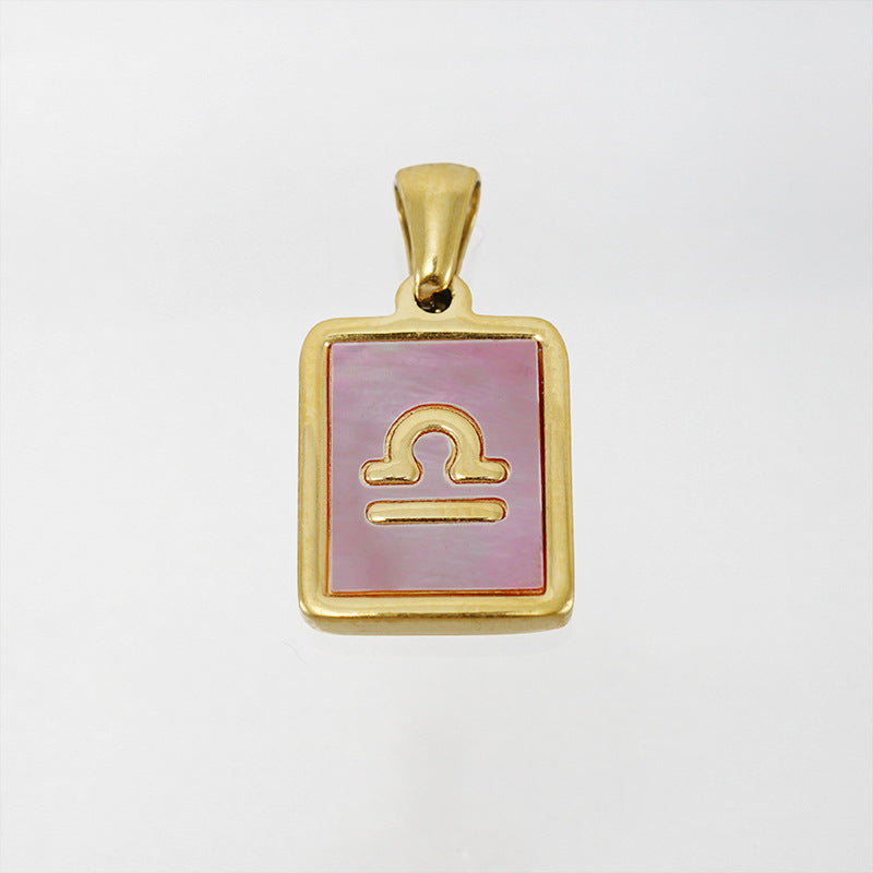 Stainless Steel Square Shell Zodiac Necklace - Libra Pink