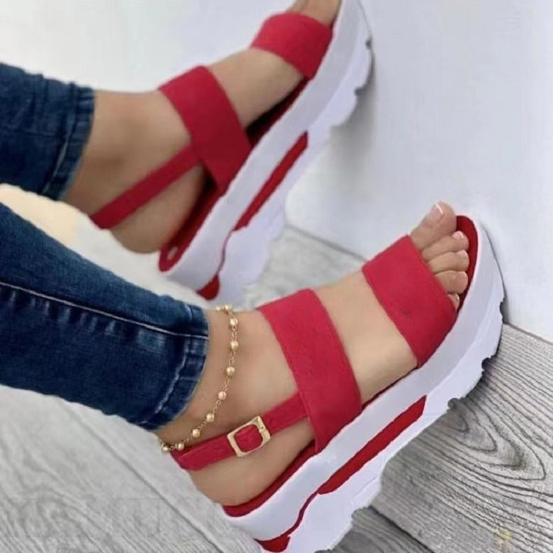 Women's Faux Leather Wedge Platform Sandals - Red