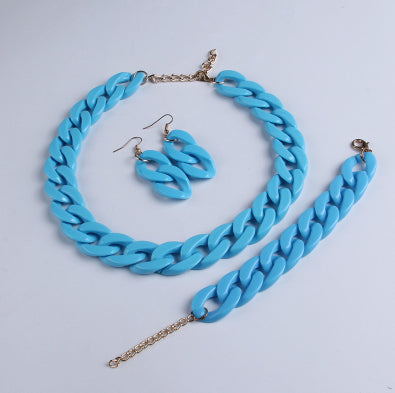 Acrylic Solid Color Chain Bracelet, Earring, and Necklace Jewelry Set - Sky