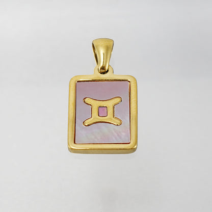 Stainless Steel Square Shell Zodiac Necklace - Gemini Pink