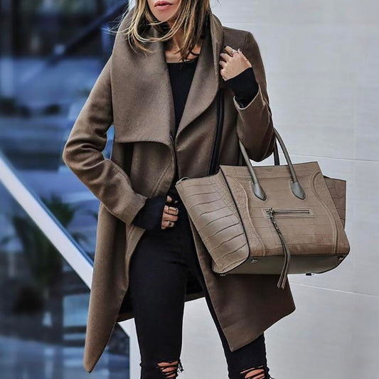 Women Jacket Fashion Solid Color Woolen Coat - Brown