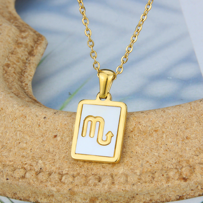 Stainless Steel Square Shell Zodiac Necklace -
