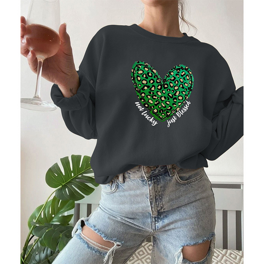 Women's Word Art Leopard Prints Heart Crewneck Sweatshirt - Black