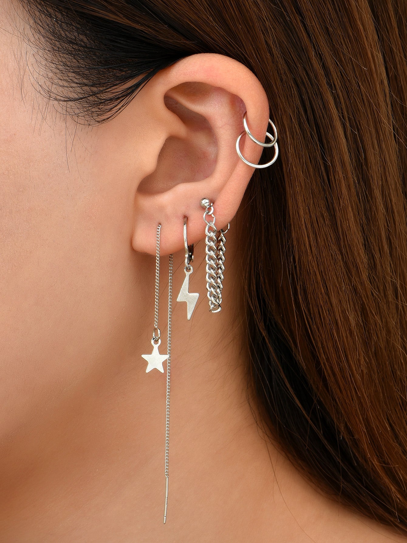 Retro Silver Chain Earring Set -