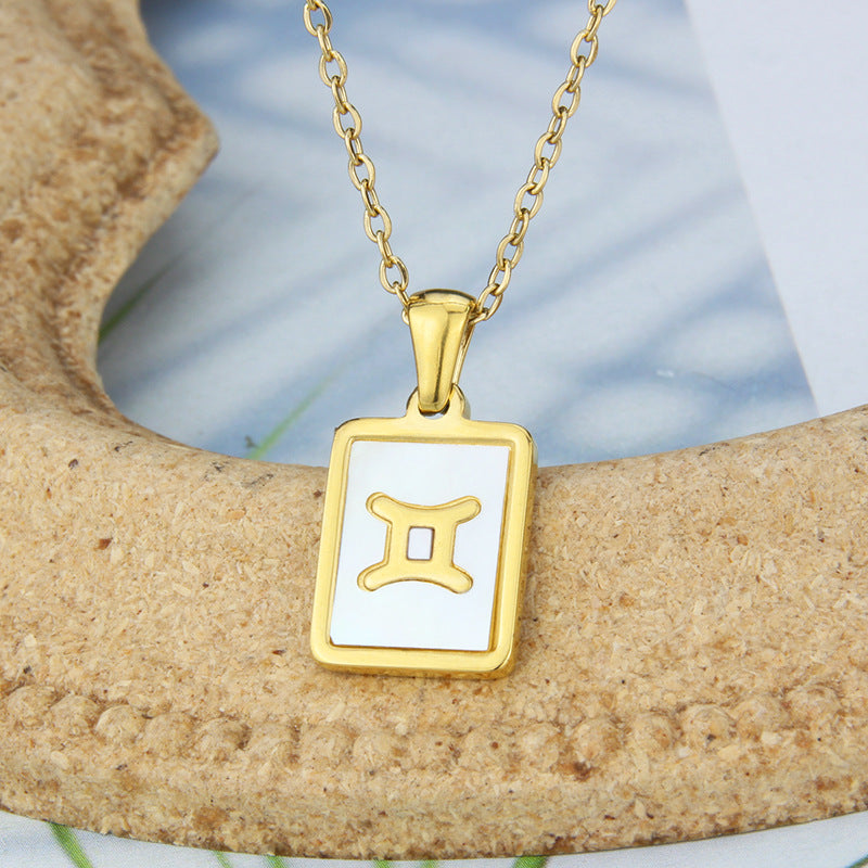 Stainless Steel Square Shell Zodiac Necklace - Gemini White