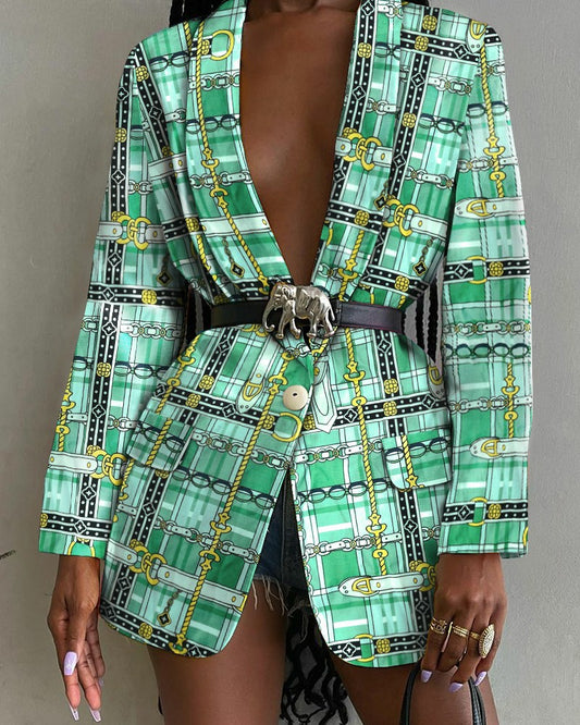 Printed V-Neck Blazer with Pockets - Green