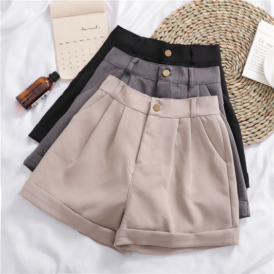 Women's Solid Color All-match Roll-up Wide-leg Casual Shorts -