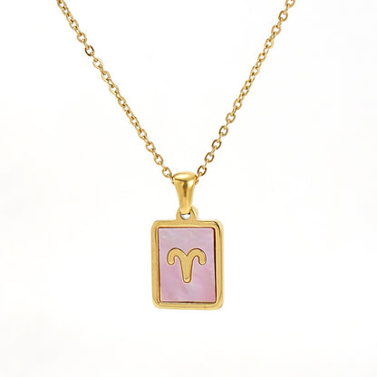 Stainless Steel Square Shell Zodiac Necklace - Aries Pink