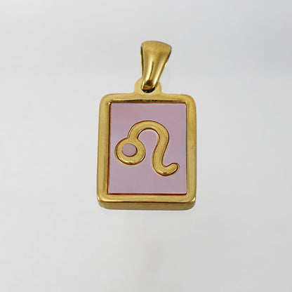 Stainless Steel Square Shell Zodiac Necklace - Leo Pink