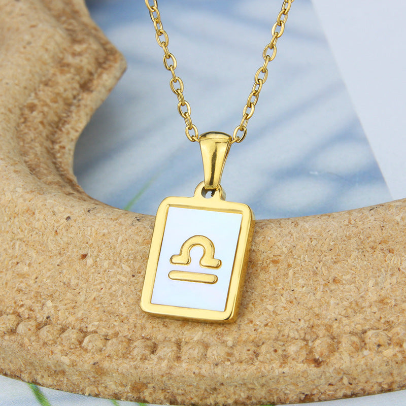 Stainless Steel Square Shell Zodiac Necklace - Libra White
