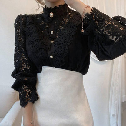 Women's Lace Stand-up Collar Long-Sleeved Blouse - Black
