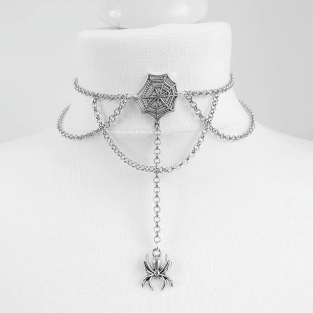 Black Crescent Moon and Spider Choker Necklace - Silver Spider