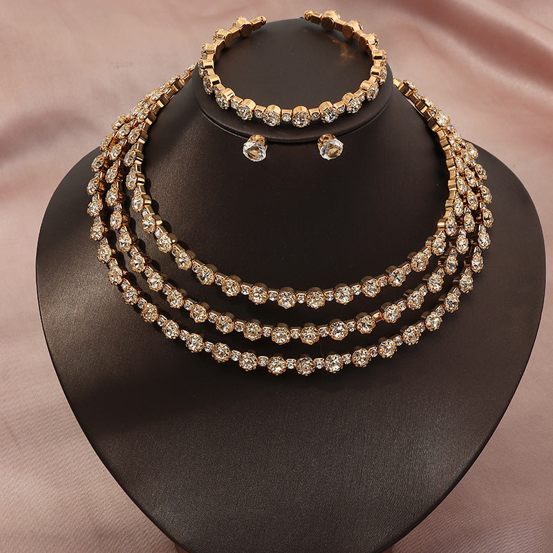 Simple Atmosphere Diamond Necklace, Earrings and Bracelet Three-piece Set - Gold