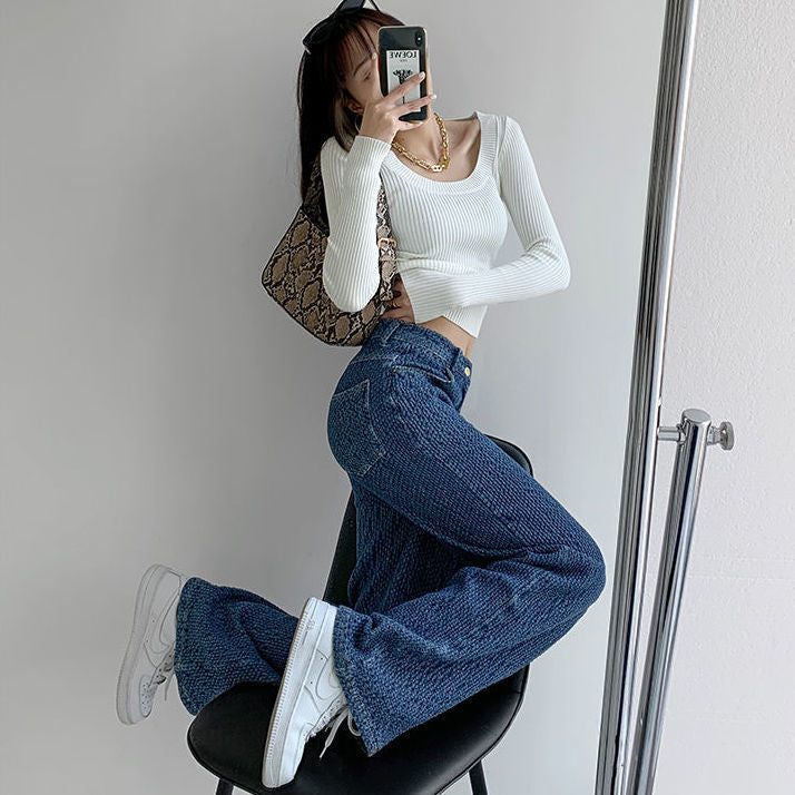Women's Retro Niche Woven Jeans - Cobalt