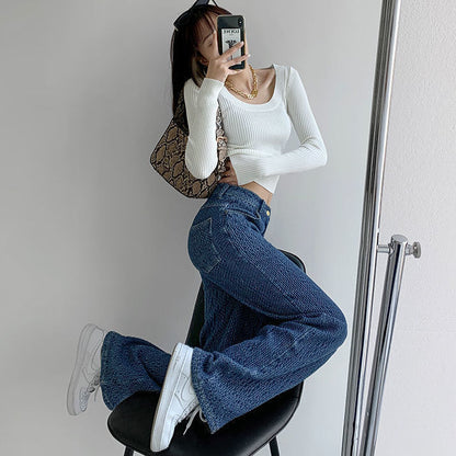 Women's Retro Niche Woven Jeans - Cobalt