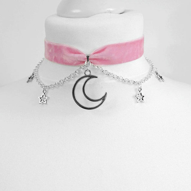 Black Crescent Moon and Spider Choker Necklace - Pink & Silver